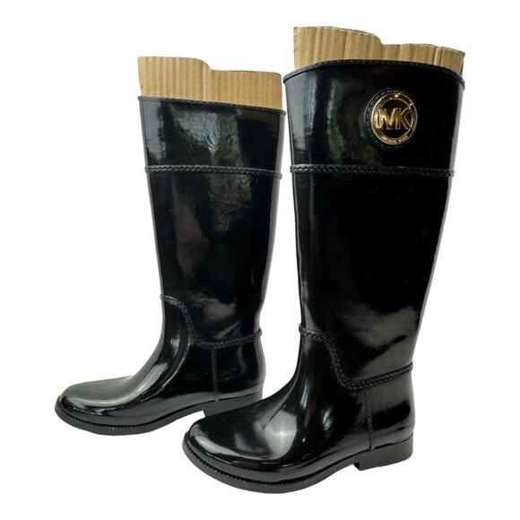 Michael Kors Boots Women 8 Black Gloss Rubber Logo Emblem Stockard Tall Rain - Picture 4 of 14